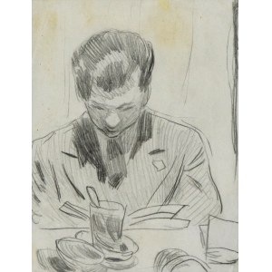 Stanislaw KAMOCKI (1875-1944), Junger Mann, der hinter einem Tisch bei einer Mahlzeit ein Buch liest, I 1925(?)
