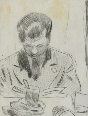 Stanisław KAMOCKI (1875-1944), Młody mężczyzna czytający książkę za stołem z posiłkiem, I 1925(?)