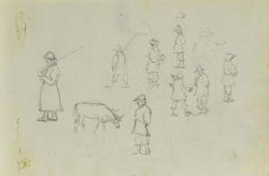 Józef PIENIĄŻEK (1888-1953), Szkice postaci w różnych pozach oraz szkic krowy