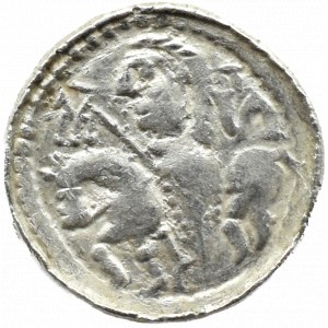 Boleslao II il Temerario, denario BOLEZ-L--AUS - principe a cavallo, sdraiato S