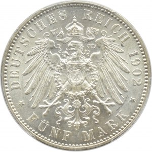 Germania, Sassonia, Alberto, 5 marchi 1902, edizione postuma, Muldenhütten, PCGS MS61