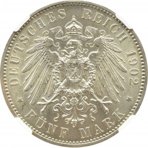 Germania, Sassonia, Alberto, 5 marchi 1902, edizione postuma, Muldenhütten, NGC MS63