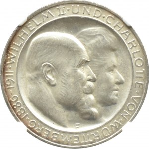 Niemcy, Wirtembergia, Wilhelm i Charlotte, 3 marki 1911 F, Stuttgart, NGC MS64