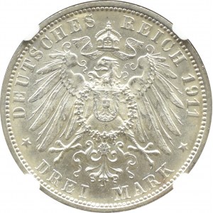 Niemcy, Wirtembergia, Wilhelm i Charlotte, 3 marki 1911 F, Stuttgart, NGC MS64