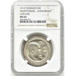 Niemcy, Wirtembergia, Wilhelm i Charlotte, 3 marki 1911 F, Stuttgart, NGC MS64