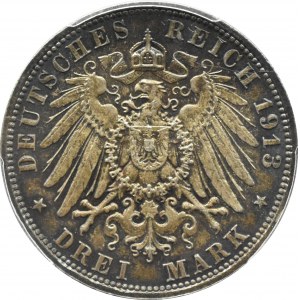 Niemcy, Saksonia, Bitwa pod Lipskiem 1813-1913, 3 marki 1913, PCGS MS65