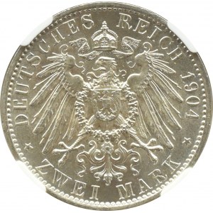 Niemcy, Meklemburgia-Schwerin, Fryderyk Franz 2 marki 1904 A, Berlin, NGC MS64