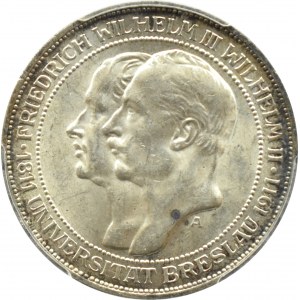 Niemcy, Prusy, Wilhelm II, 3 marki 1911 A, Berlin, 100-lecie Uniwersytetu we Wrocławiu, PCGS MS63