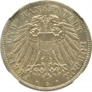 Germany, Lübeck, 3 marks 1908 A, Berlin, NGC AU58