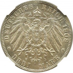 Germany, Lübeck, 3 marks 1908 A, Berlin, NGC AU58