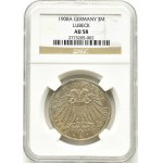 Germany, Lübeck, 3 marks 1908 A, Berlin, NGC AU58