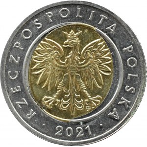III RP, destrukt, 5 złotych 2021, rozlany rdzeń, zniekształcona grubość