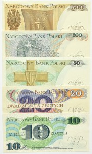 People's Republic of Poland, Lot of 5 10-500 zloty banknotes 1982-1988, UNC