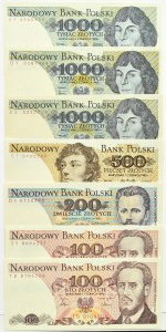 People's Republic of Poland, Lot of 7 20-1000 zloty banknotes 1982-1988, Warsaw, UNC