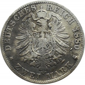 Niemcy, Bawaria, Ludwig II, 2 marki 1880 D, Monachium