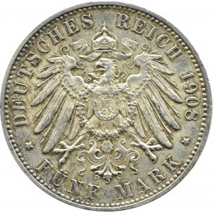 Niemcy, Wirtembergia, Wilhelm II, 5 marek 1908 F, Stuttgart, BARDZO ŁADNE