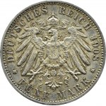 Niemcy, Wirtembergia, Wilhelm II, 5 marek 1908 F, Stuttgart, BARDZO ŁADNE