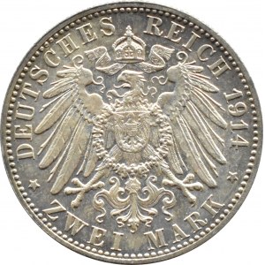 Niemcy, Wirtembergia, Wilhelm II, 2 marki 1914 F, Stuttgart, UNC