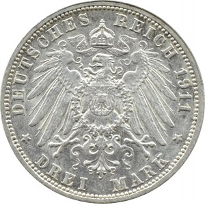 Niemcy, Badenia, Fryderyk II, 3 marki 1911 G, Karlsruhe