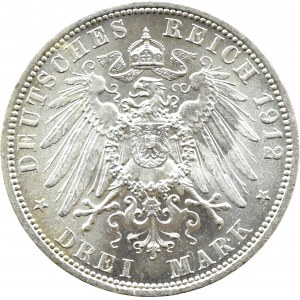 Niemcy, Prusy, Wilhelm II, 3 marki 1912 A, Berlin, PIĘKNE!