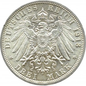 Niemcy, Prusy, Wilhelm II w mundurze, 3 marki 1913 A, Berlin