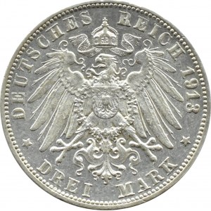 Niemcy, Wirtembergia, Wilhelm II, 3 marki 1913 F, Stuttgart