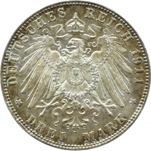 Niemcy, Bawaria, Prinz Luitpold, 3 marki 1911 D, Monachium, PROOF LIKE