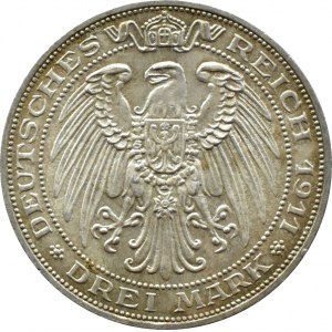 Niemcy, Prusy, Wilhelm II, 3 marki 1911 A, Berlin, 100-lecie Uniwersytetu we Wrocławiu