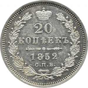 Rosja, Mikołaj I, 20 kopiejek 1852 СПБ ПA, Petersburg, PIĘKNE