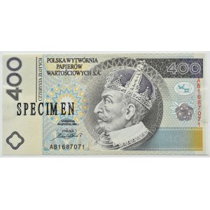 PWPW, 400 złotych 1996 Zygmunt III Waza, seria AB SPECIMEN, UNC