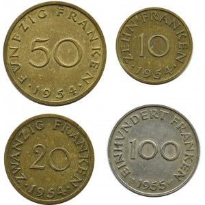Niemcy, Saarland, komplet 10-100 franków 1954-1955, Paryż
