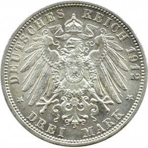 Niemcy, Prusy, Wilhelm II, 3 marki 1912 A, Berlin, PIĘKNE!