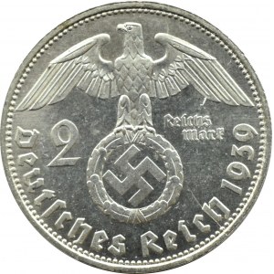 Niemcy, III Rzesza, Hindenburg 2 marki 1939 D, Monachium, ZDWOJENIE LITER