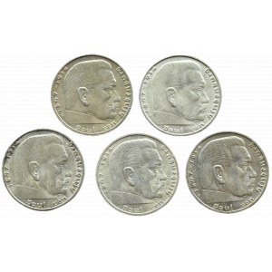 Niemcy, III Rzesza, lot 5 sztuk 2 marki 1937-1939, Hindenburg, UNC