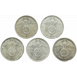 Niemcy, III Rzesza, lot 5 sztuk 2 marki 1937-1939, Hindenburg, UNC