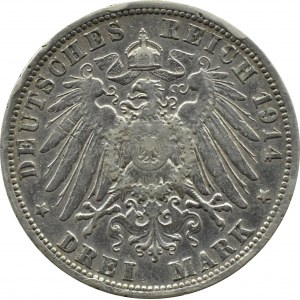 Niemcy, Prusy, Wilhelm II w mundurze, 3 marki 1914 A, Berlin