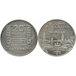 Finlandia/Francja, lot srebrnych monet marek 1933-1971, Helsinki/Paryż