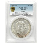 Německo, Sasko, Albert, 5 marek 1902, posmrtné vydání, Muldenhütten, PCGS MS61
