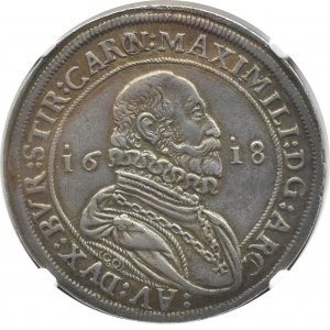 Austria, arcyksiążę Maksymilian III Habsburg, talar 1618, Hall, NGC AU55