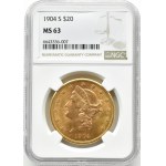 USA, Liberty Head, $20 1904 S, San Francisco, NGC MS63
