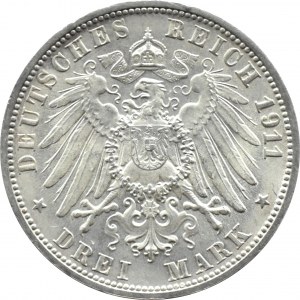 Niemcy, Wirtembergia, Wilhelm i Charlotte, 3 marki 1911 F, Stuttgart