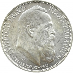 Niemcy, Bawaria, Luitpold 3 marki 1911 D, Monachium, Piękne!
