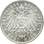 Niemcy, Bawaria, Luitpold 3 marki 1911 D, Monachium, Piękne!