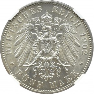 Niemcy, Saksonia, Albert, 5 marek 1902, edycja pośmiertna, Muldenhütten, NGC MS63
