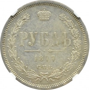Rosja, Aleksander II, rubel 1877 СПБ HI, Petersburg, NGC AU Det.