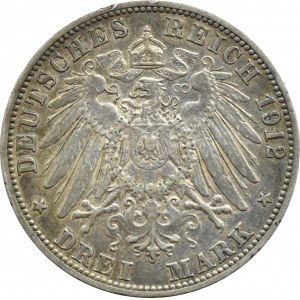 Nemecko, Württemberg, Wilhelm II, 3 marky 1912 F, Stuttgart