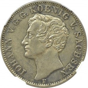 Niemcy, Saksonia, Johann, talar 1855 F, Stuttgart, Wizyta króla w Mennicy, NGC AU58