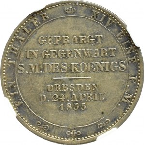 Niemcy, Saksonia, Johann, talar 1855 F, Stuttgart, Wizyta króla w Mennicy, NGC AU58