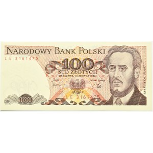 PRL, L. Waryński, 100 złotych 1982, seria LE, Warszawa, UNC