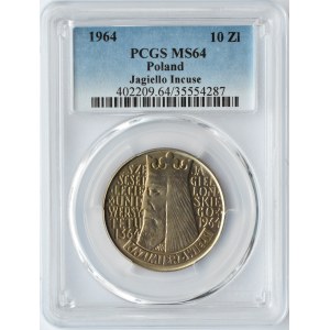 PRL, 10 złotych 1964, Kazimierz Wielki - wklęsły, Warszawa, PCGS MS64